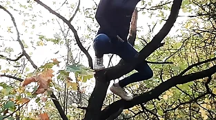Nymph masturbates on a tall tree in a public place - Lesbian-illusion