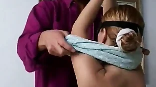 Lovely platinum-blonde in a blindfold chokes on shaft before getting cooter filled with rod